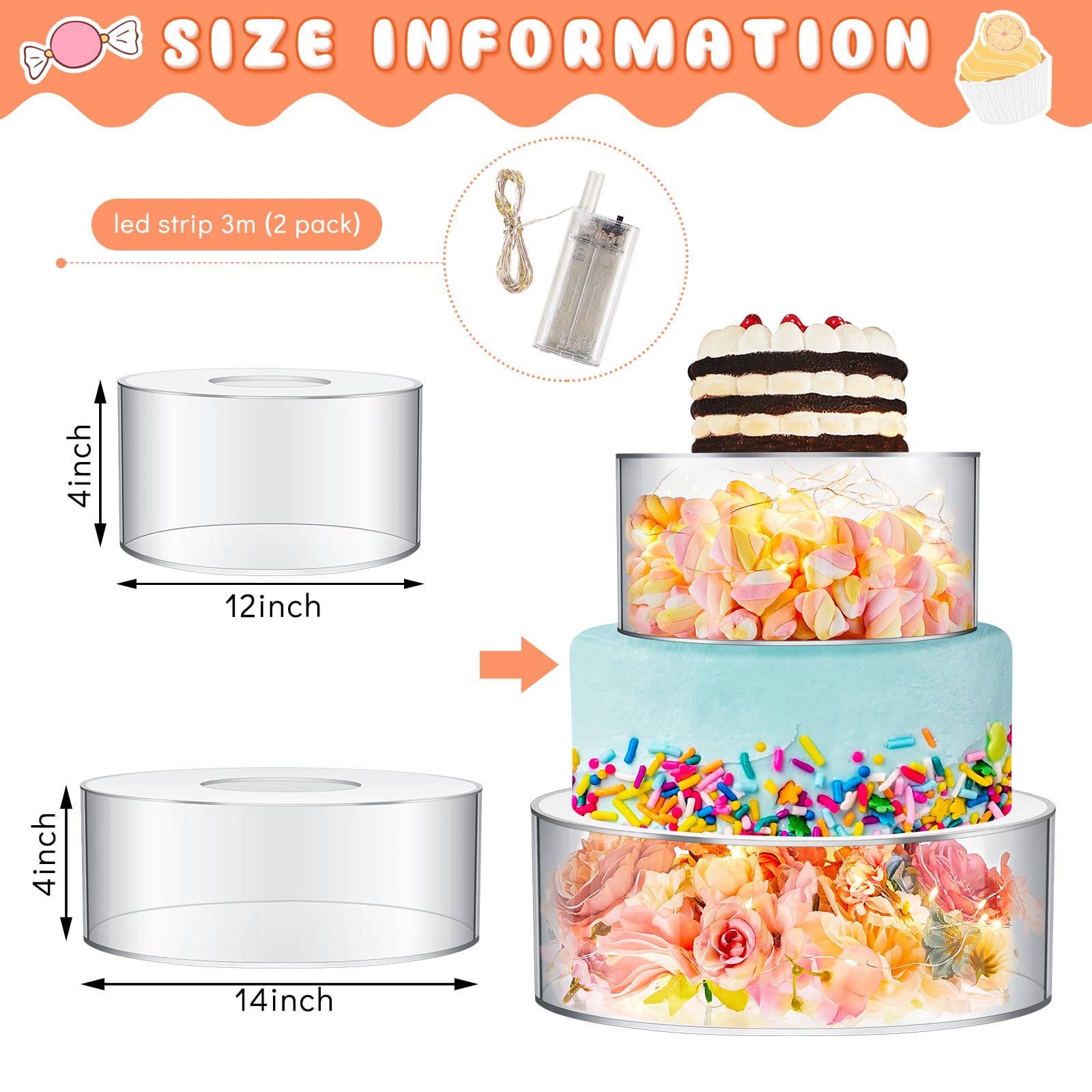Sunnyray 2 Pcs Acrylic Cake Stands for Dessert Table Clear Fillable Cake Riser Cupcake Tier with LED Strings for Birthday Wedding Holiday Party Display(6'', 8'')