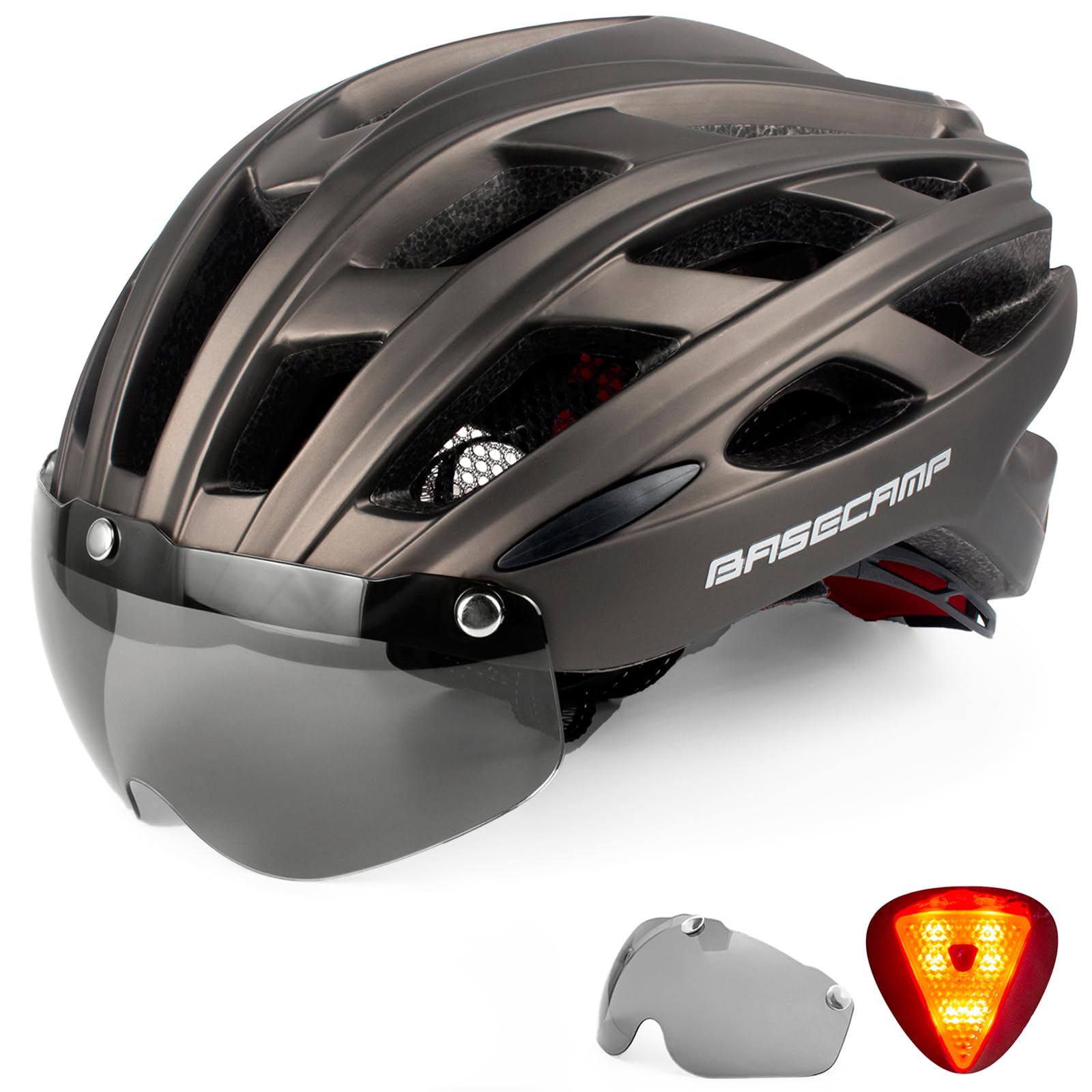 Bike Helmet, Basecamp Bicycle Helmet with Rear Light & Detachable Magnetic Goggles Lightweight Cycling Helmet Adjustable for Adult Men Women Mountain & Road (BC-069)