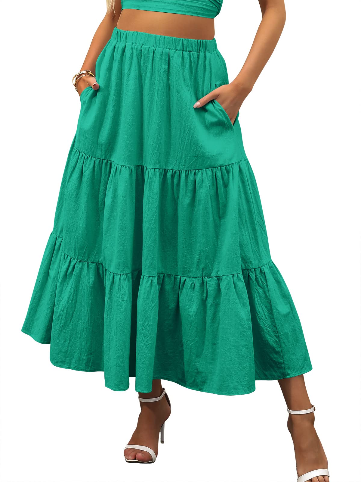 ANRABESS Women’s Summer Boho Flowy Swing Tiered A-Line Maxi Skirt 2026 Fashion Trendy Elastic Waist Pleated Long Beach Dress