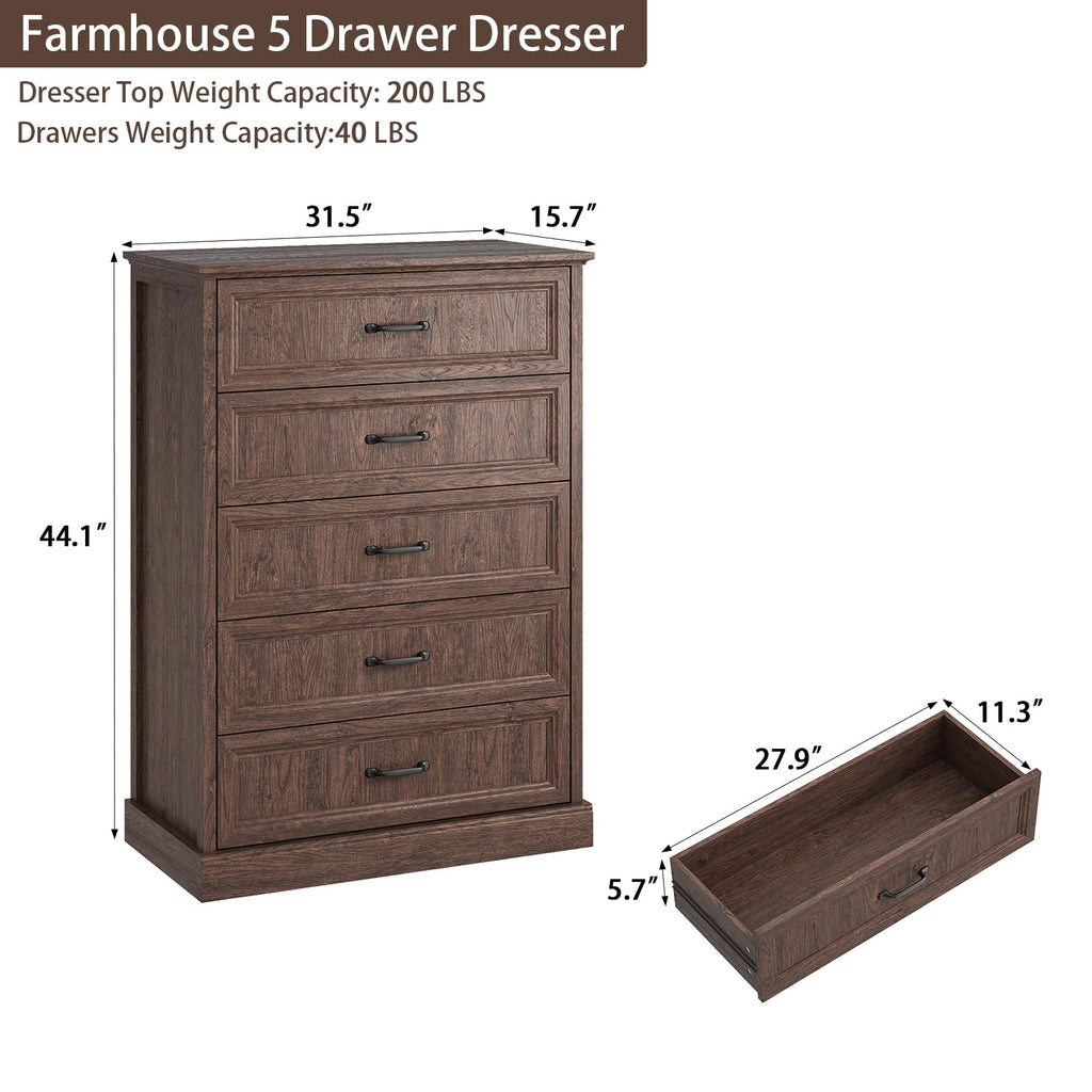 Farmhouse 5 Drawers Dresser for Bedroom, 44" Tall Brown dresser Wood Rustic Chest of Drawers with Wide Metal Handle,Natural Texture,Drawer Organizer for Bedroom,Living Room,Hallway and Entryway