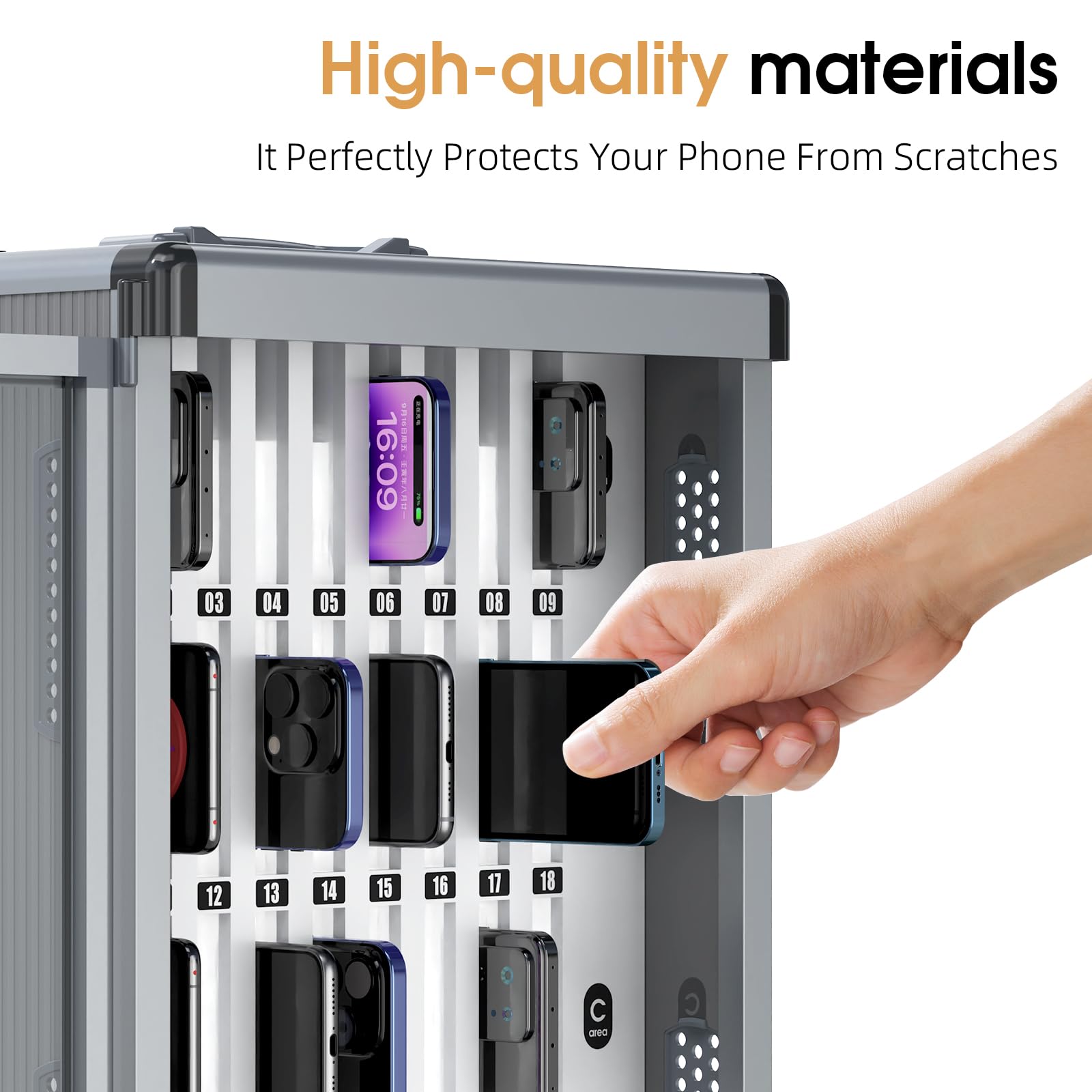 Glosen Cell Phone Locker 24 Slots, Portable Phone Storage Cabinet [Wall Mounted] [Silver 24 Slots-Universal Key ] Aluminum Alloy Cellphone Lock Box with Key & Handle for School Classroom Office Exam