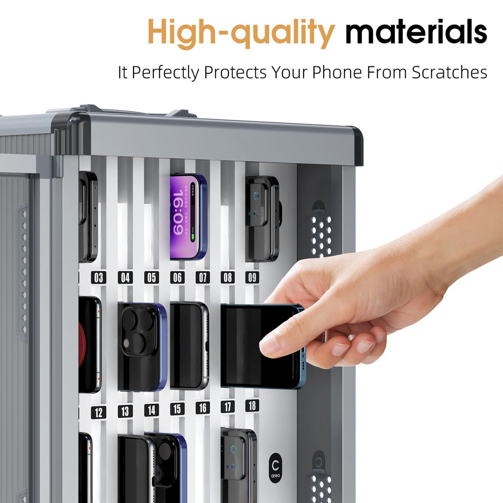 Glosen Cell Phone Locker 24 Slots, Portable Phone Storage Cabinet [Wall Mounted] [Silver 24 Slots-Universal Key ] Aluminum Alloy Cellphone Lock Box with Key & Handle for School Classroom Office Exam
