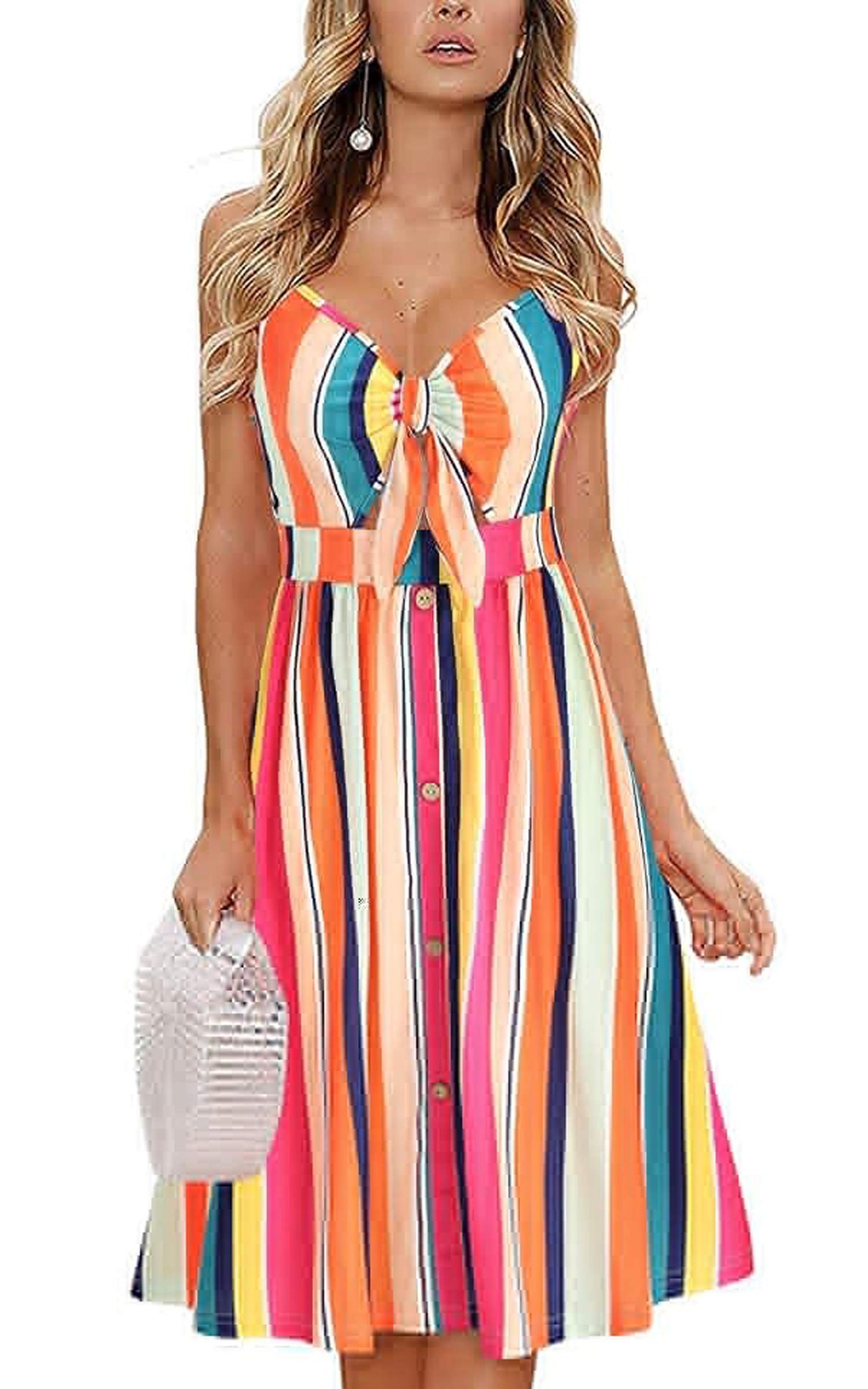 ECOWISH Women 2026 Summer Dresses Tie Front V-Neck Spaghetti Strap Button Down A-Line Backless Swing Midi Dress