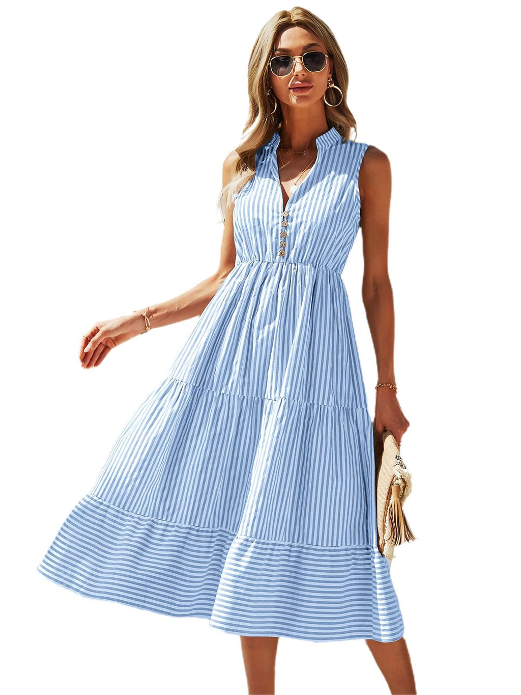 Floerns Women's Striped Print Notched Neck Sleeveless Ruffle A Line Midi Dress