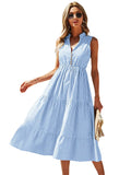 Floerns Women's Striped Print Notched Neck Sleeveless Ruffle A Line Midi Dress