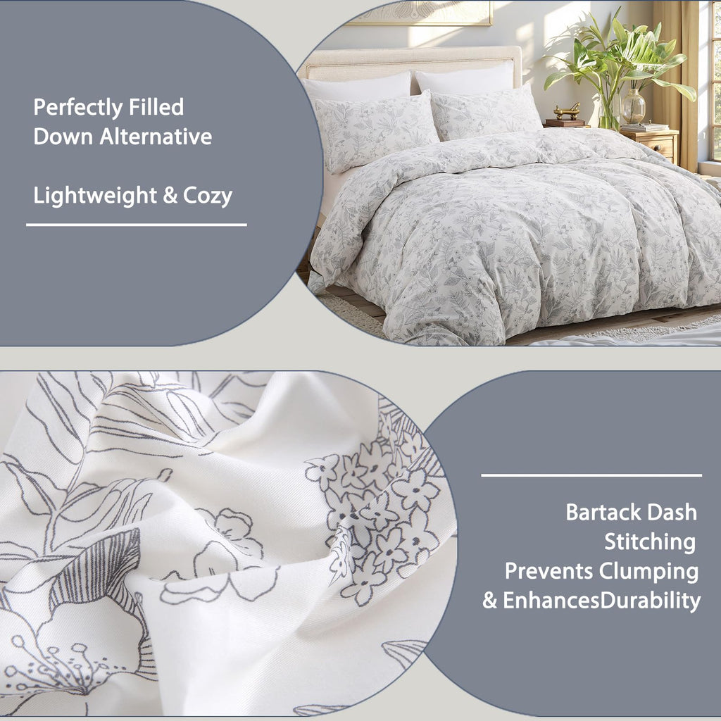 100% Natural Cotton Comforter Set Queen 3 Pcs Grayish Blue Bedding Sets with Luxurious Damask Pattern, Reversible Breathable Soft Comforter Sets for All Season