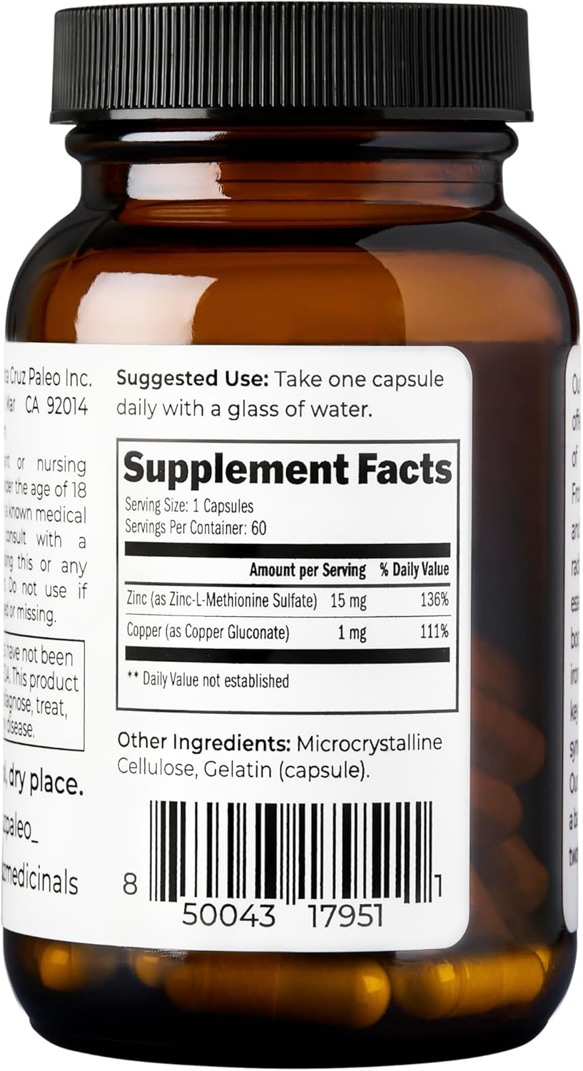 Santa Cruz Paleo, Zinc & Copper Mineral Supplement, High Absorption Formula, Zinc Supplement for Skin & Hair, L Methionine, Copper Gluconate, Trace Minerals, Gluten Free, Keto, Paleo, 60 Capsules