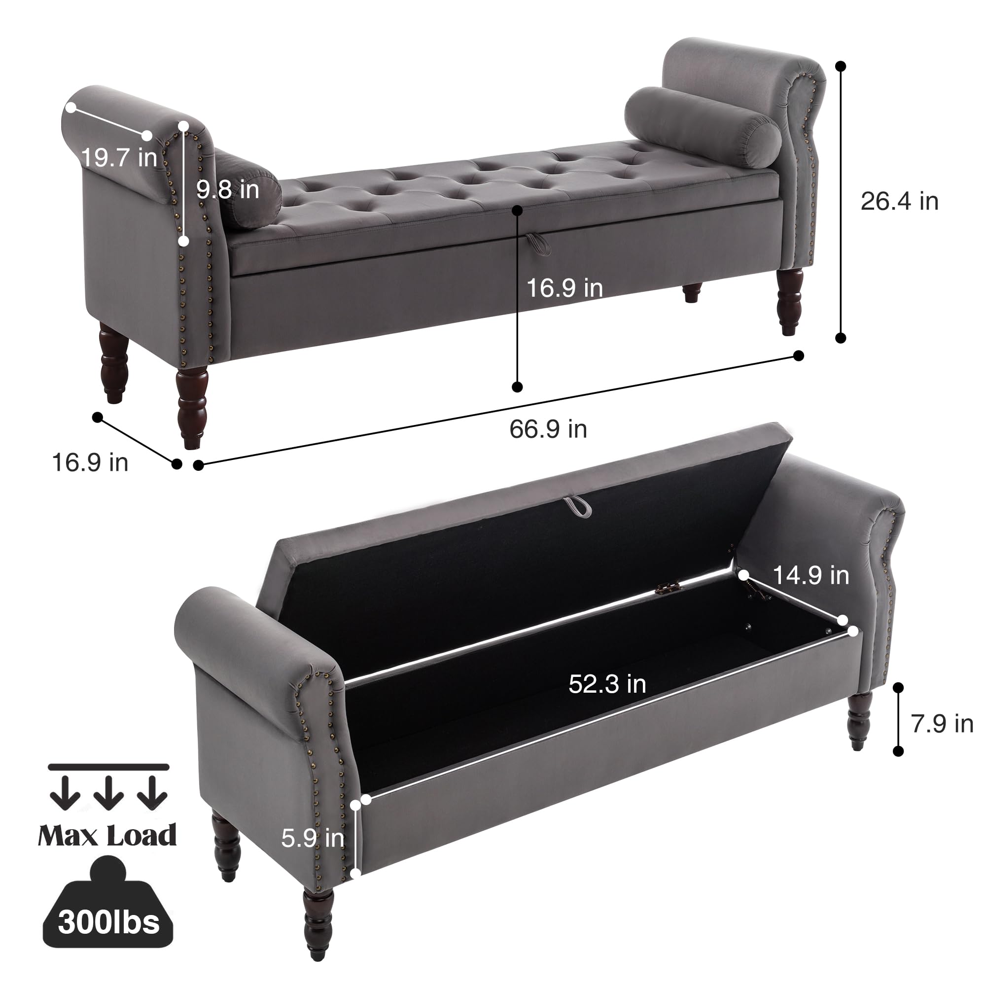 Storage Bench for Bedroom, 67" End of Bed Bench King Size, Velvet Bedroom Bench with Storage, Upholstered Tufted Storage Ottoman Benches with Arms for Bedroom, Entryway, Living Room, Beige