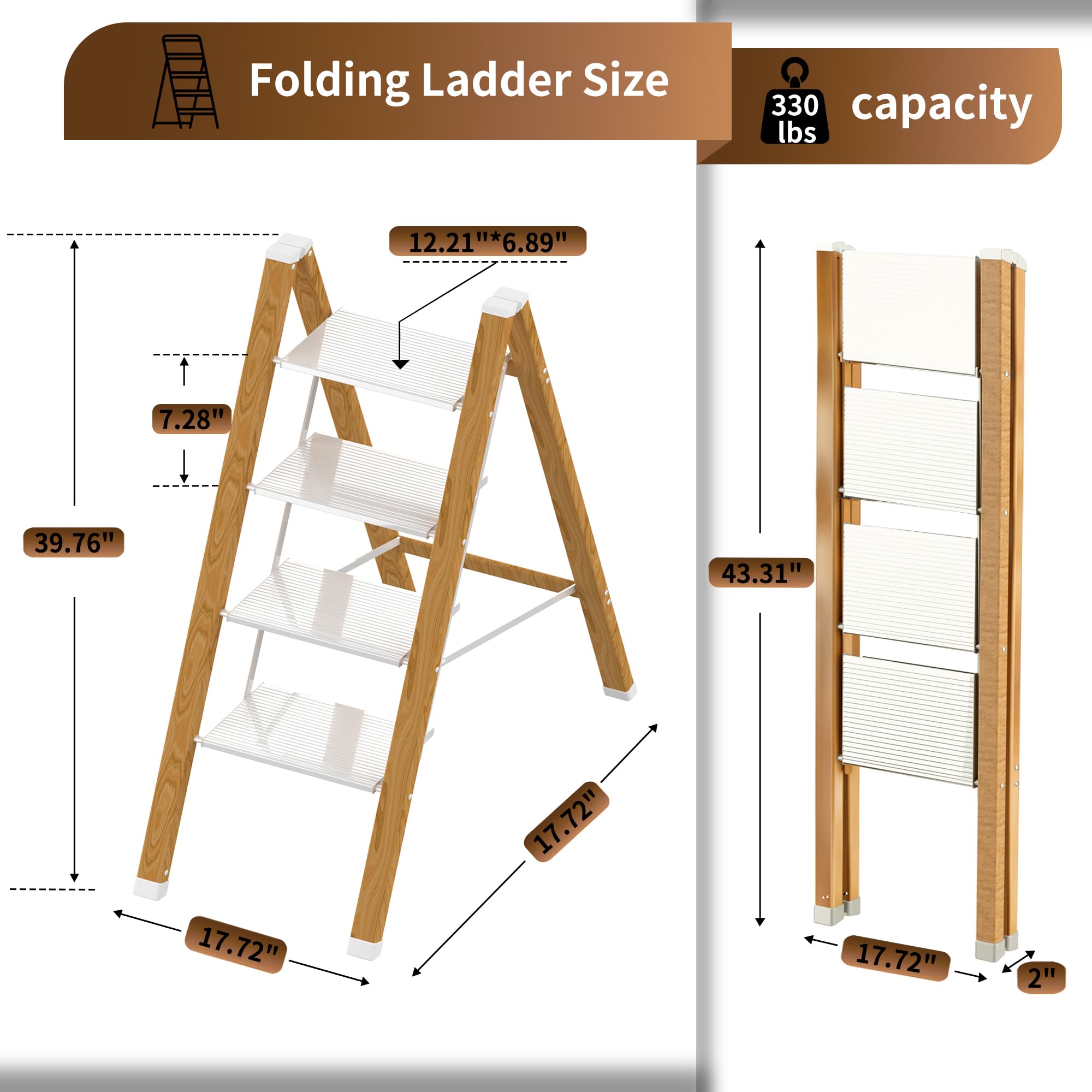 2 Step Lightweight Folding Ladder for Home, 330lbs Aluminum Step Ladder Anti-Slip for Kitchen, Step Stool Foldable Adults for Closet, 330lbs - Black
