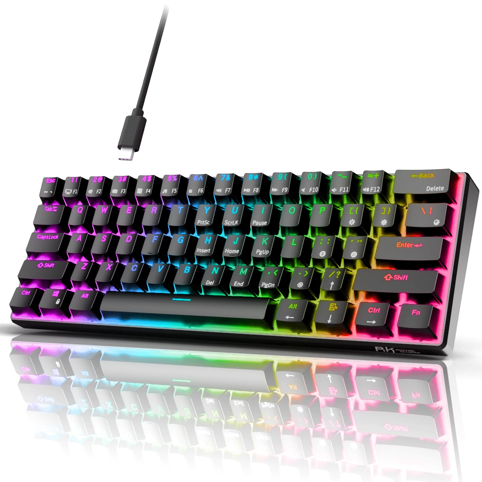 RK ROYAL KLUDGE RK61 Wired 60% Mechanical Gaming Keyboard Programmable QMK/VIA RGB Backlit 61 Keys Ultra-Compact Hot Swappable Brown Switch Black