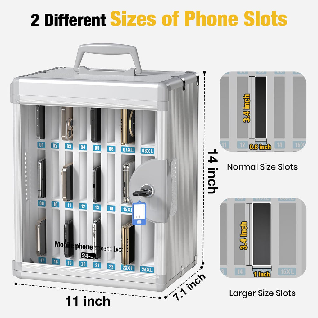 Glosen Cell Phone Locker 24 Slots, Portable Phone Storage Cabinet [Wall Mounted] [Silver 24 Slots-Universal Key ] Aluminum Alloy Cellphone Lock Box with Key & Handle for School Classroom Office Exam