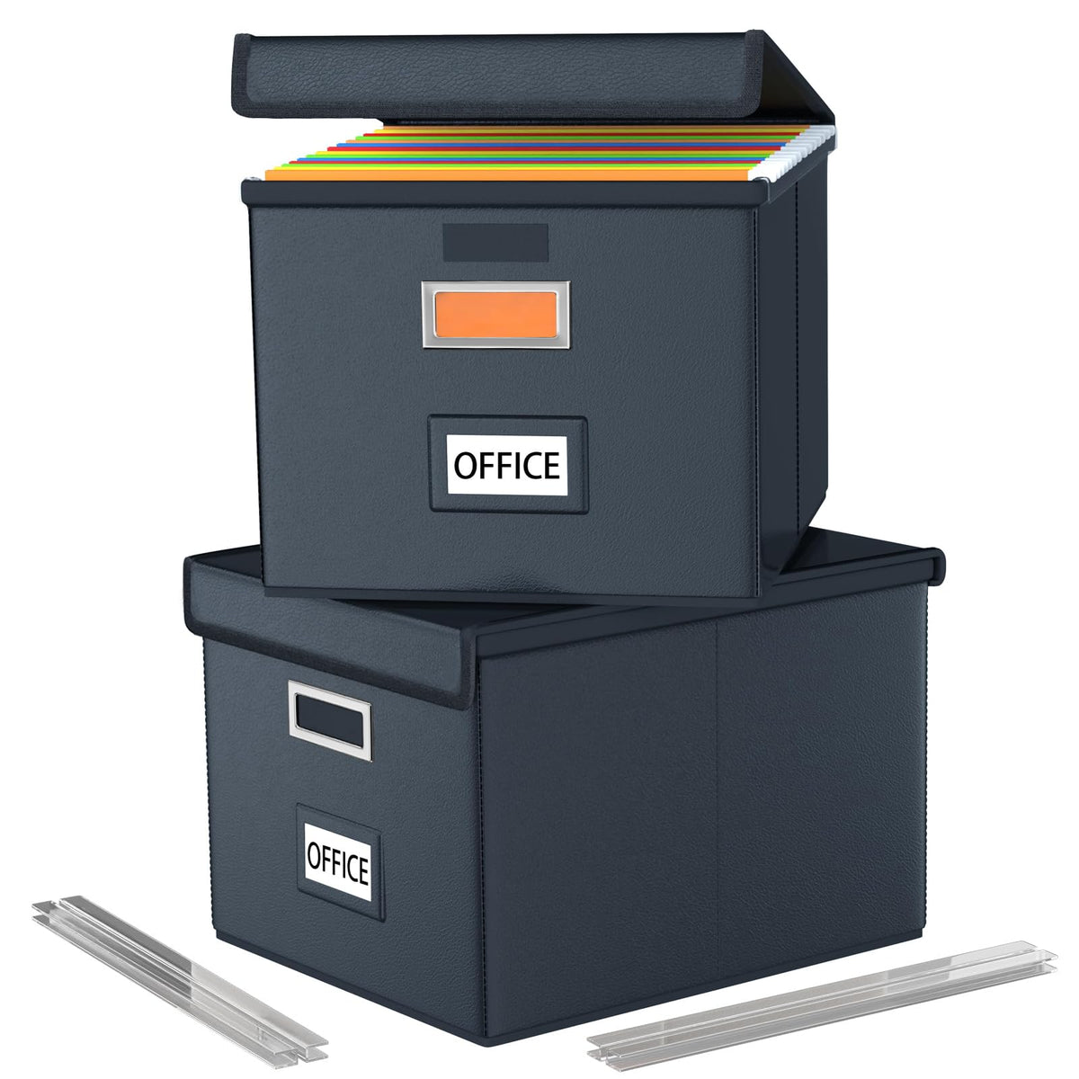 File Organizer Box with Lid, Collapsible Faux Leather Hanging File Folder Box Organizer with Plastic Slides, Decorative Home/Office Filing System Boxes for File and Folders Storage