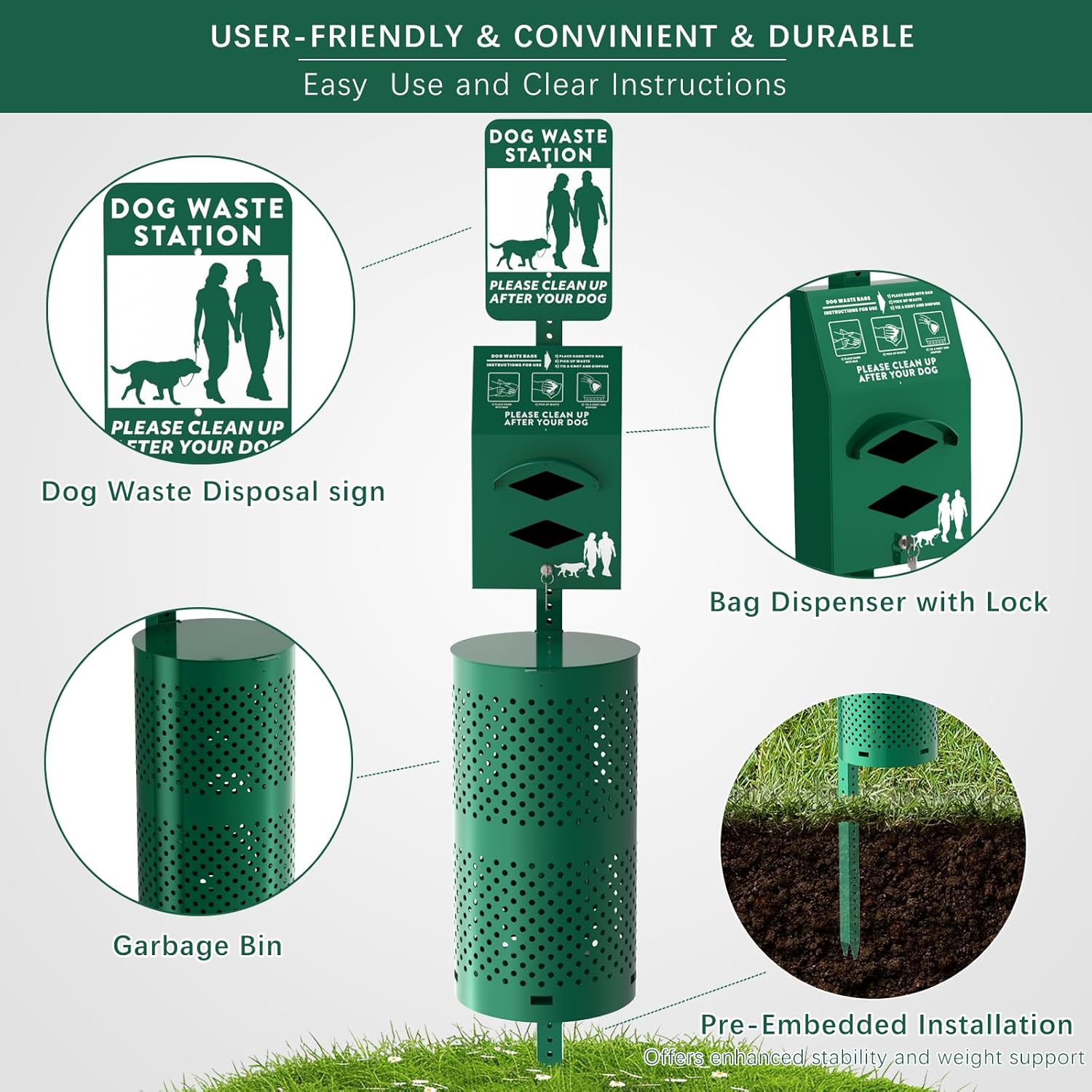 POCHAR Aluminum Rustproof Dog Waste Disposal Station for Pet Parks – 10 Gallon Outdoor Pet Poop Station with Reflective Sign & Lid – Durable Trash Bin for Backyard Dog Waste
