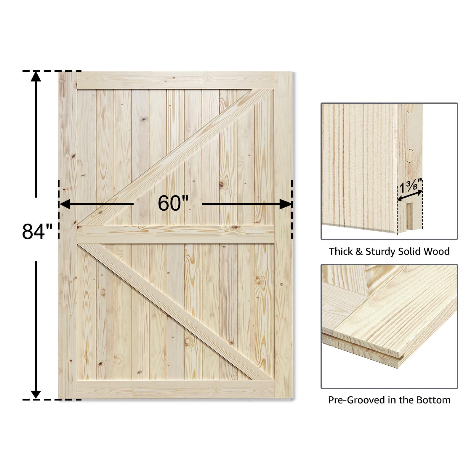 SmartStandard 24in x 80in Sliding Barn Wood Door Pre-Drilled Ready to Assemble, DIY Unfinished Solid Spruce Wood Panelled Slab, Interior Single Door Only, Natural, K-Frame (Fit 4FT Rail)