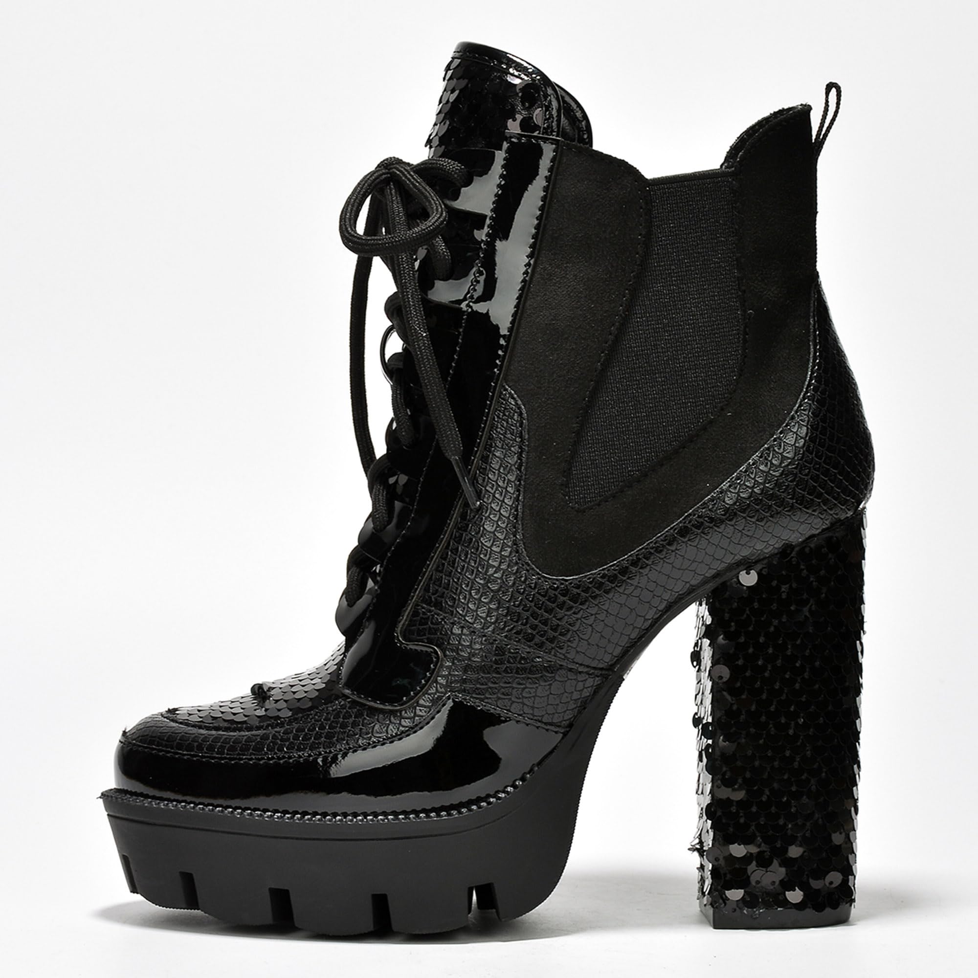 Cape Robbin Nell Heeled Boots for Women Sparkly Sequin Platform Chelsea Boots Women - Chunky Block Heels with Sequined Tongue and Heel - Stylish Glitter Ankle Boots for Women