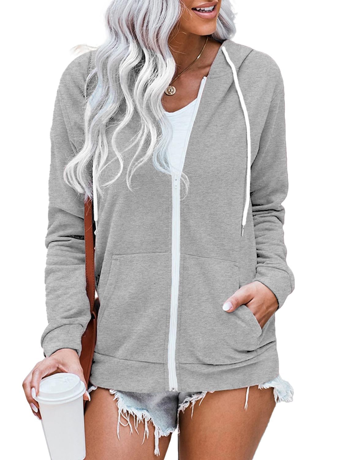 WROLEM Women Casual Full Zip Up Hoodie Comfy Loose Long Sleeve Sweatshirt Solid Color Jacket with Pockets