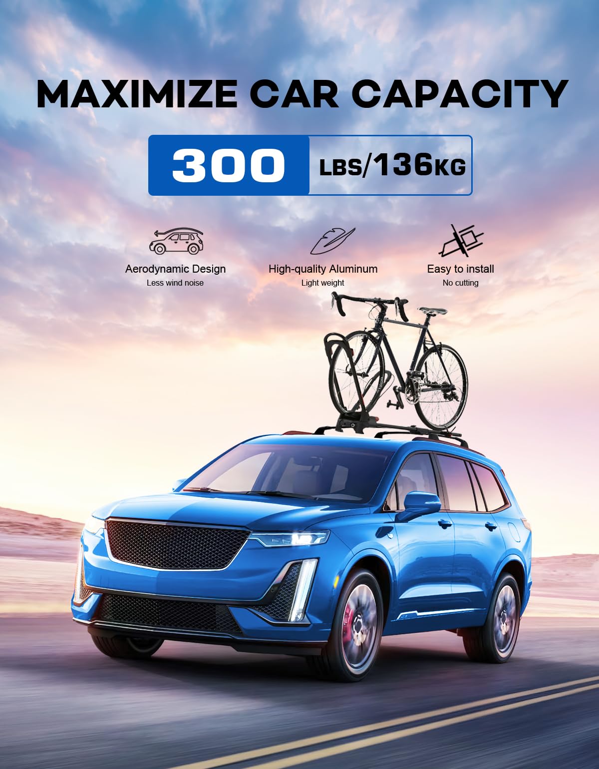Wonderdriver Roof Rack Cross Bars 300lbs Compatible with Cadillac XT4 2019-2025,Heavy Duty All-Metal Aluminum Roof Rails Crossbars Cargo Canoe Black Rooftop Cargo Carrier Luggage.