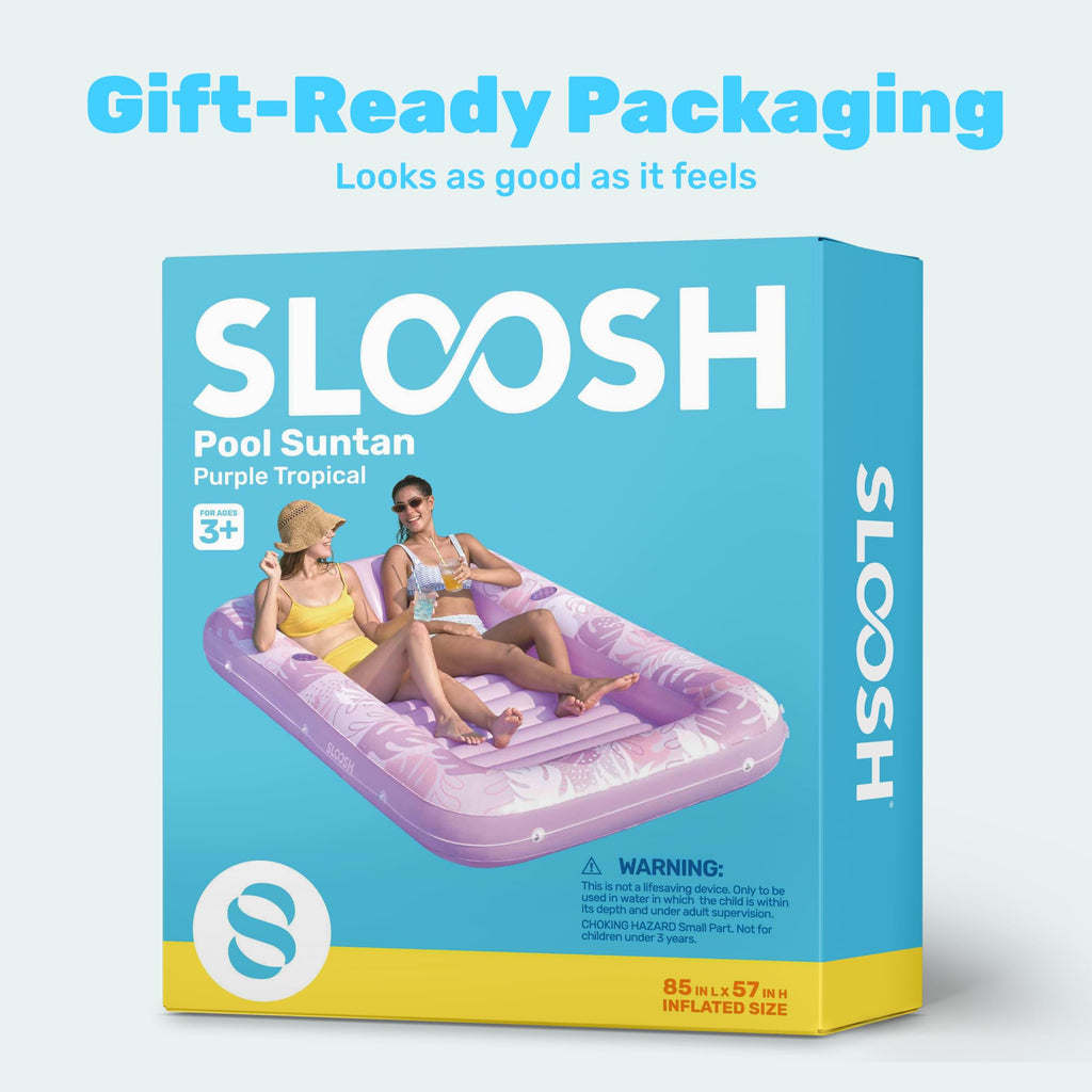 SLOOSH Inflatable Tanning Pool Lounger Float, 85" x 57" Extra Large Pool Floats Adult with Pillow, 4 in 1 Suntan Tub Raft Floatie,Sunbathing Bed Lounge for Water Blow Up Ball Pit Party Gifts, XL-Blue