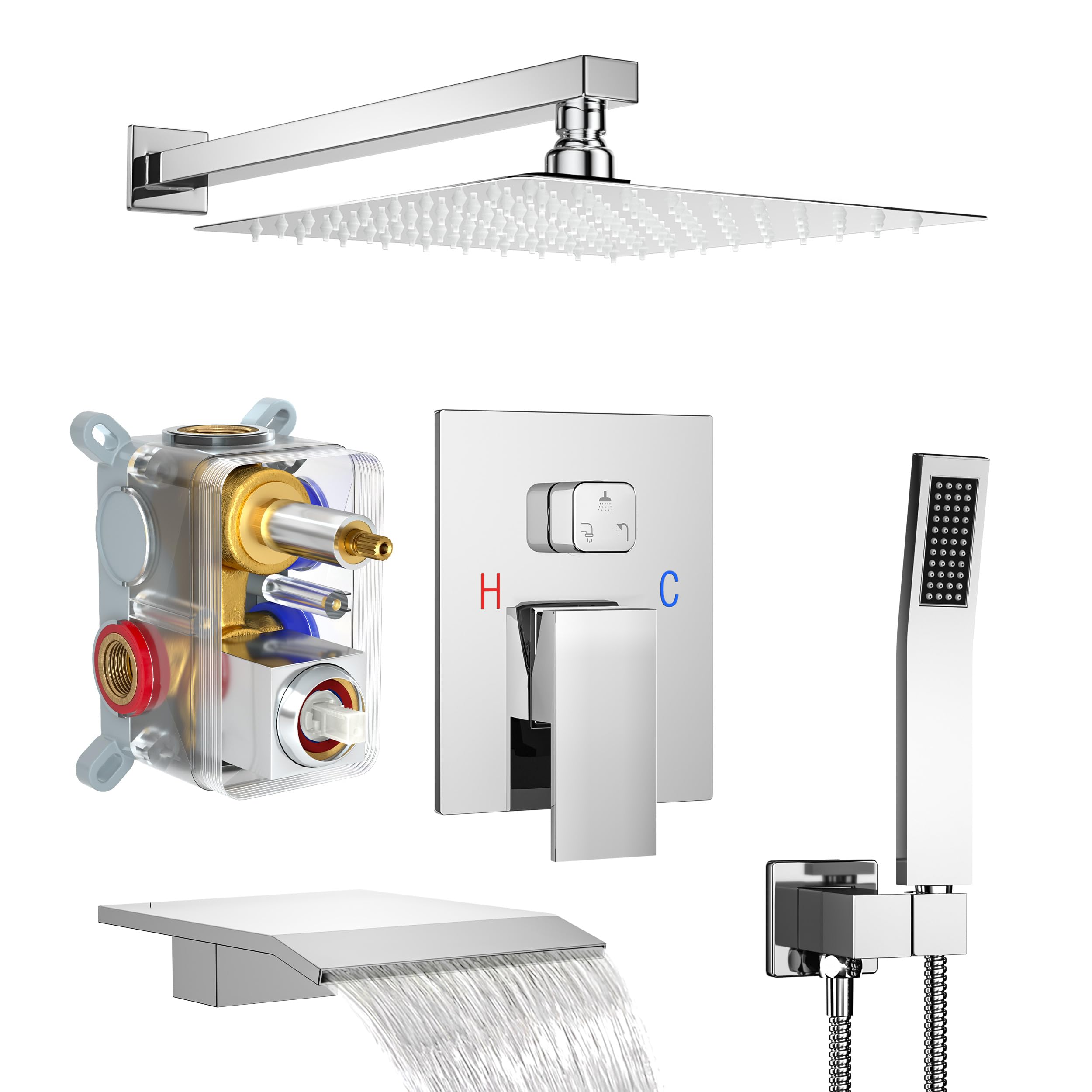 Brushed Gold Shower System with 10-Inch Rain Showerhead and Tub Spout | cUPC-certified pressure balance brass valve to prevent scalding, CEC-certified air injection technology for low pressure