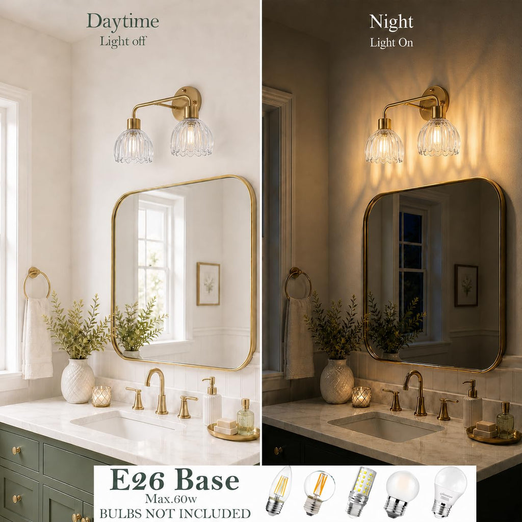 1-Light Gold Brass Bathroom Light Fixture,Wall Sconces set of 2,Brushed Gold Vanlity Light Over Mirror,Bathroom Vanity Light with White Tulip Glass Flower Shade,E26 Socket(Bulbs Not Included)