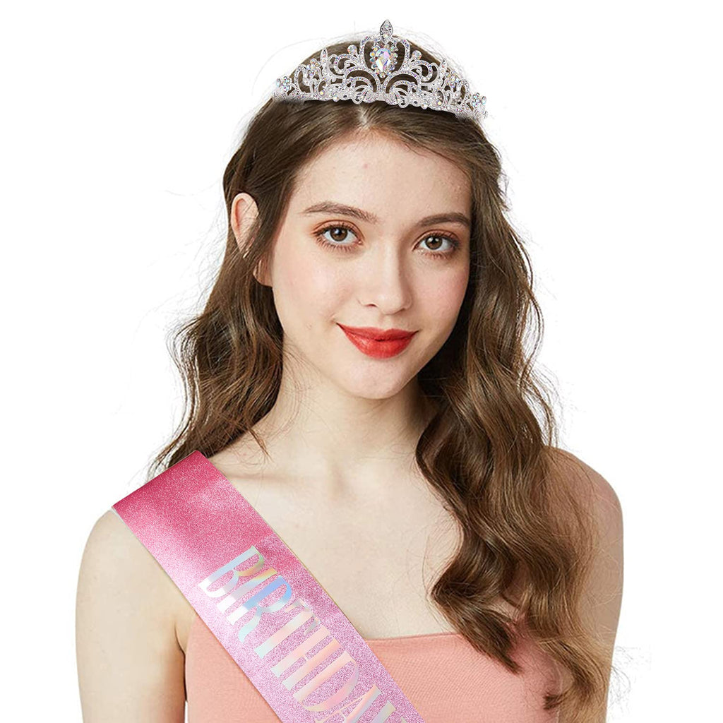 COCIDE Birthday Silver Tiara and Crowns Kit - Silver Tiara, Crown, Sash, Rhinestone Headband, Glitter Sash for Women & Girls Birthday Party Decorations