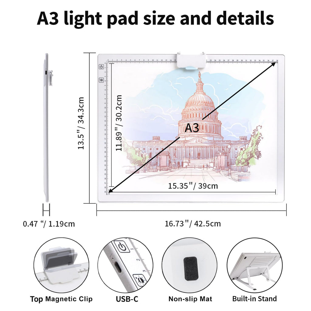 Zocelight A1(35.4''x 23.6'') Large Rechargeable Light Pad for Diamond Painting,6 Levels & Stepless Dimming Light Box for Tracing,3-Color Modes Light Board,Built-in 6000mAh Battery Light Table for Art