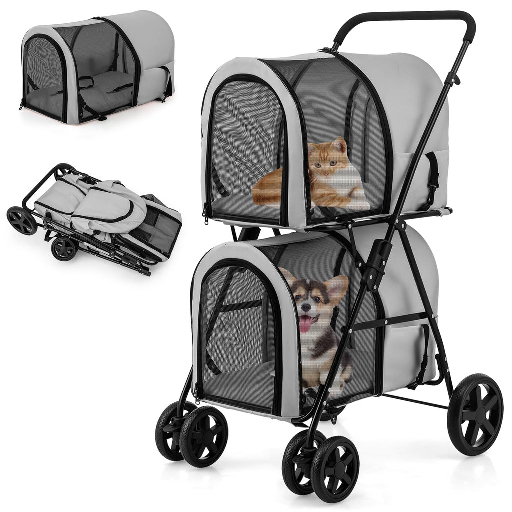 Giantex Double Pet Stroller with 2 Detachable Carrier Bags, Safety Belt, 4 Lockable Wheels, Folding Cat & Dog Stroller for Small Medium Pets, Cats Dogs Puppy Travel Strolling Cart (Beige)
