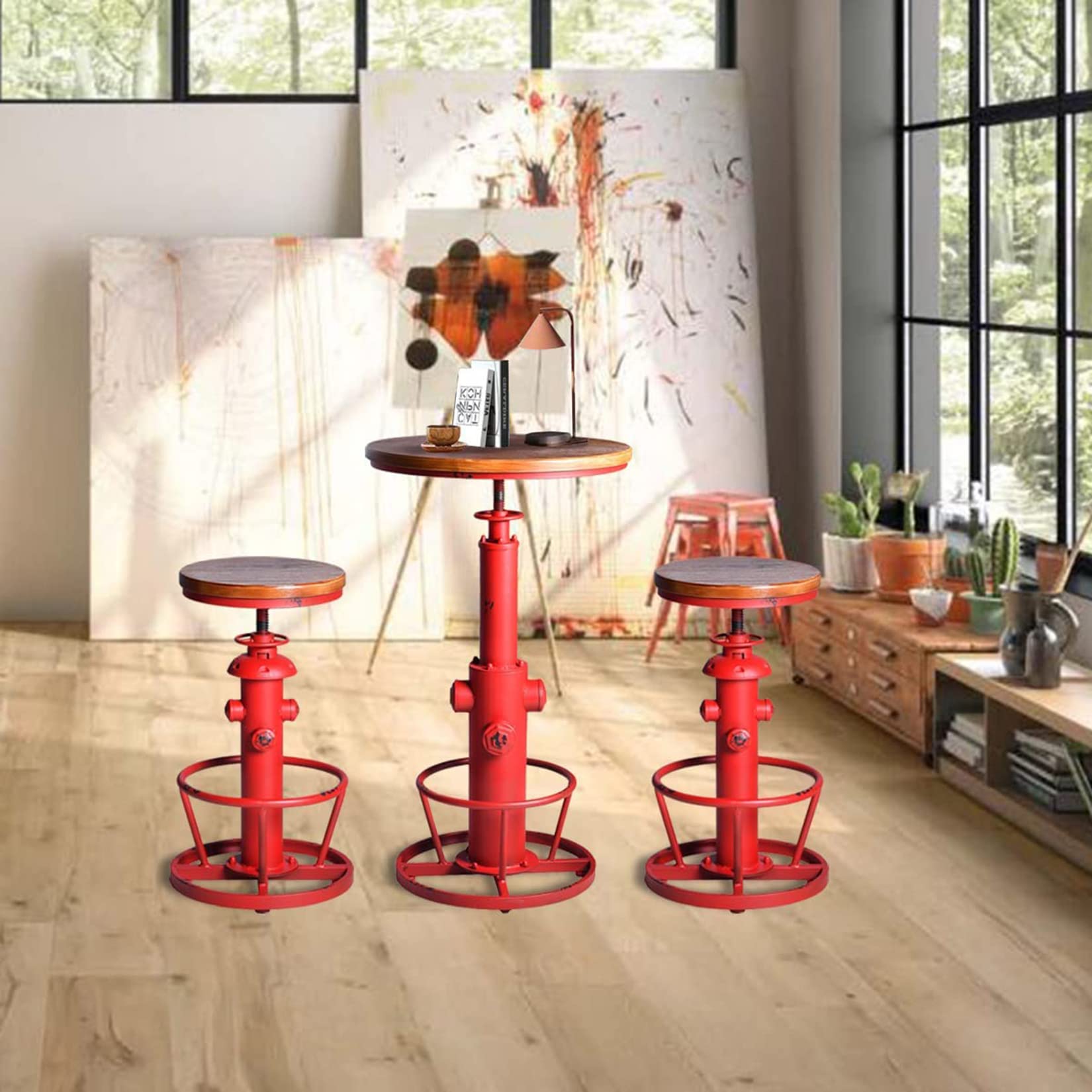 LOKKHAN Industrial Bar Table 38.6"-48.4" Height Adjustable Swivel Round Wood Tabletop 23.7" Dia, Kitchen Dining Office Coffee Bistro Pub Table (Aged Blue)