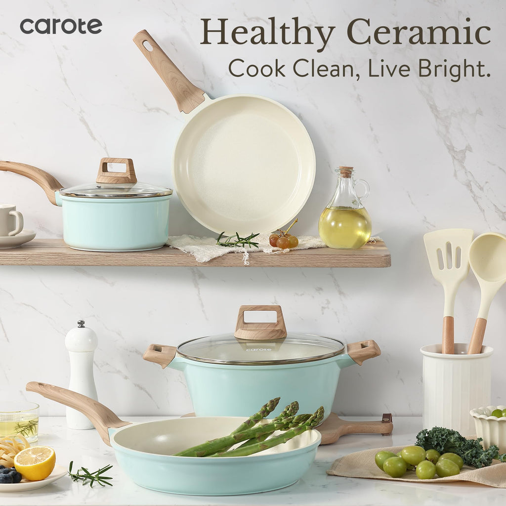 CAROTE 21pcs Pots and Pans Set Nonstick, Cookware Set Black Induction Kitchen Cooking Set w/Frying Pans & Saucepans(PFOS, PFOA Free)