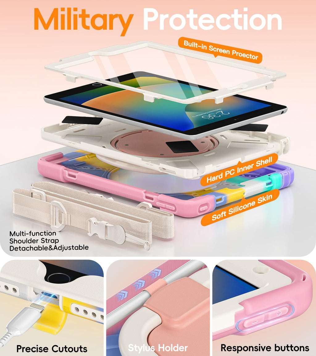 BATYUE for iPad 9th/ 8th/ 7th Generation Case (iPad 10.2 inch Rugged Case 2021/2020/2019) with Screen Protector, Rotating Stand/Pencil Holder/Carrying Shoulder Strap (Colourful Pink)
