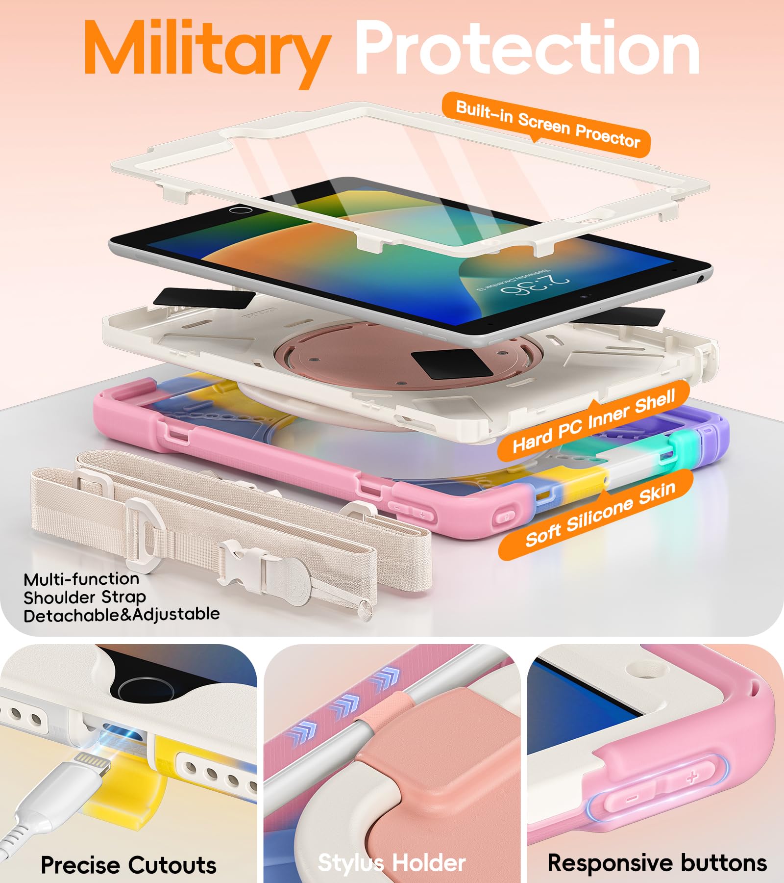 BATYUE for iPad 9th/ 8th/ 7th Generation Case (iPad 10.2 inch Rugged Case 2021/2020/2019) with Screen Protector, Rotating Stand/Pencil Holder/Carrying Shoulder Strap (Colourful Pink)