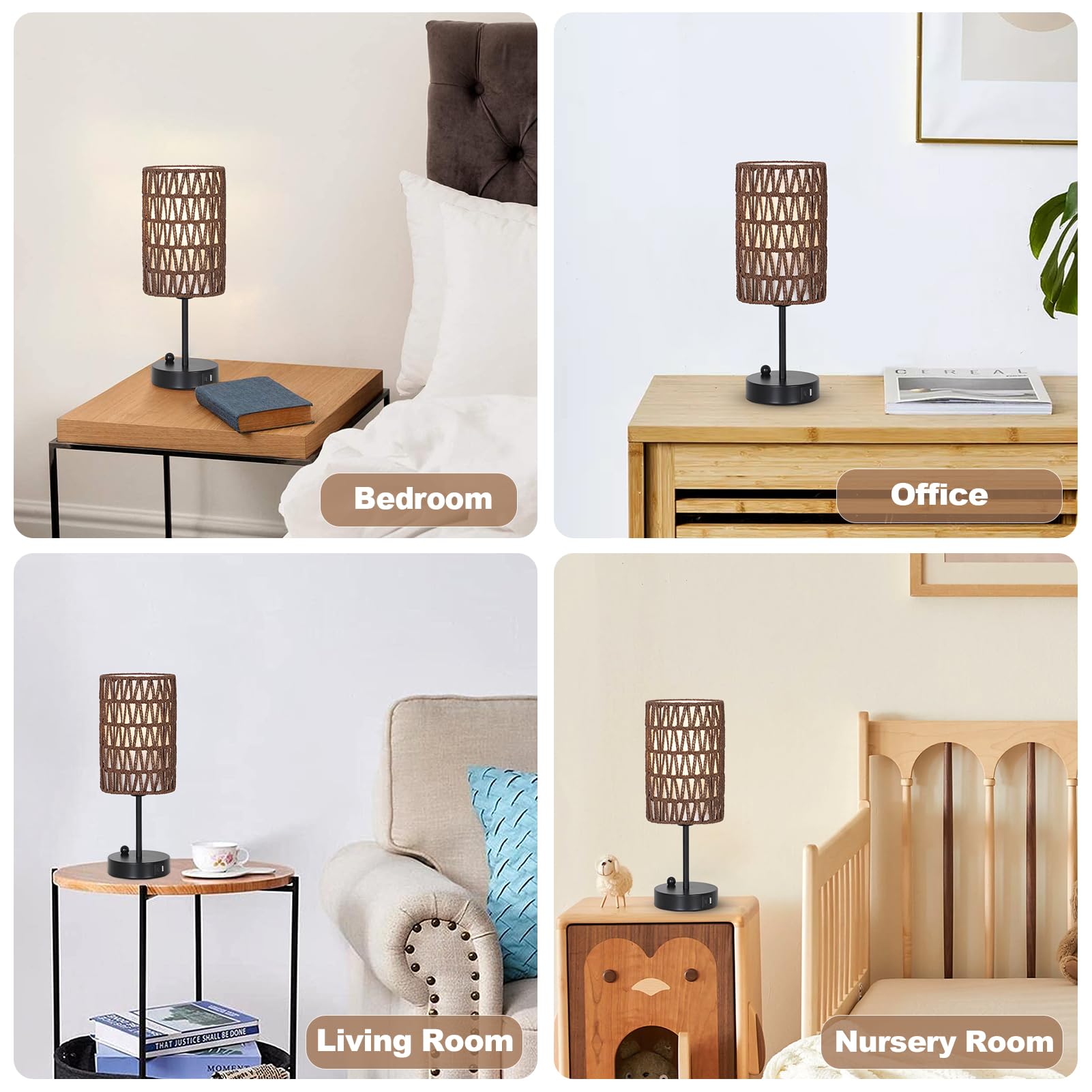 Rattan Bedside Table Lamps Set of 2 - Boho Lamps With 3 Color Temperatures & USB AC Port, Pull Chain Table Lamp For Bedroom, Cute Small Lamp For Nightstand Office Desk Bed Side End Table Living Room