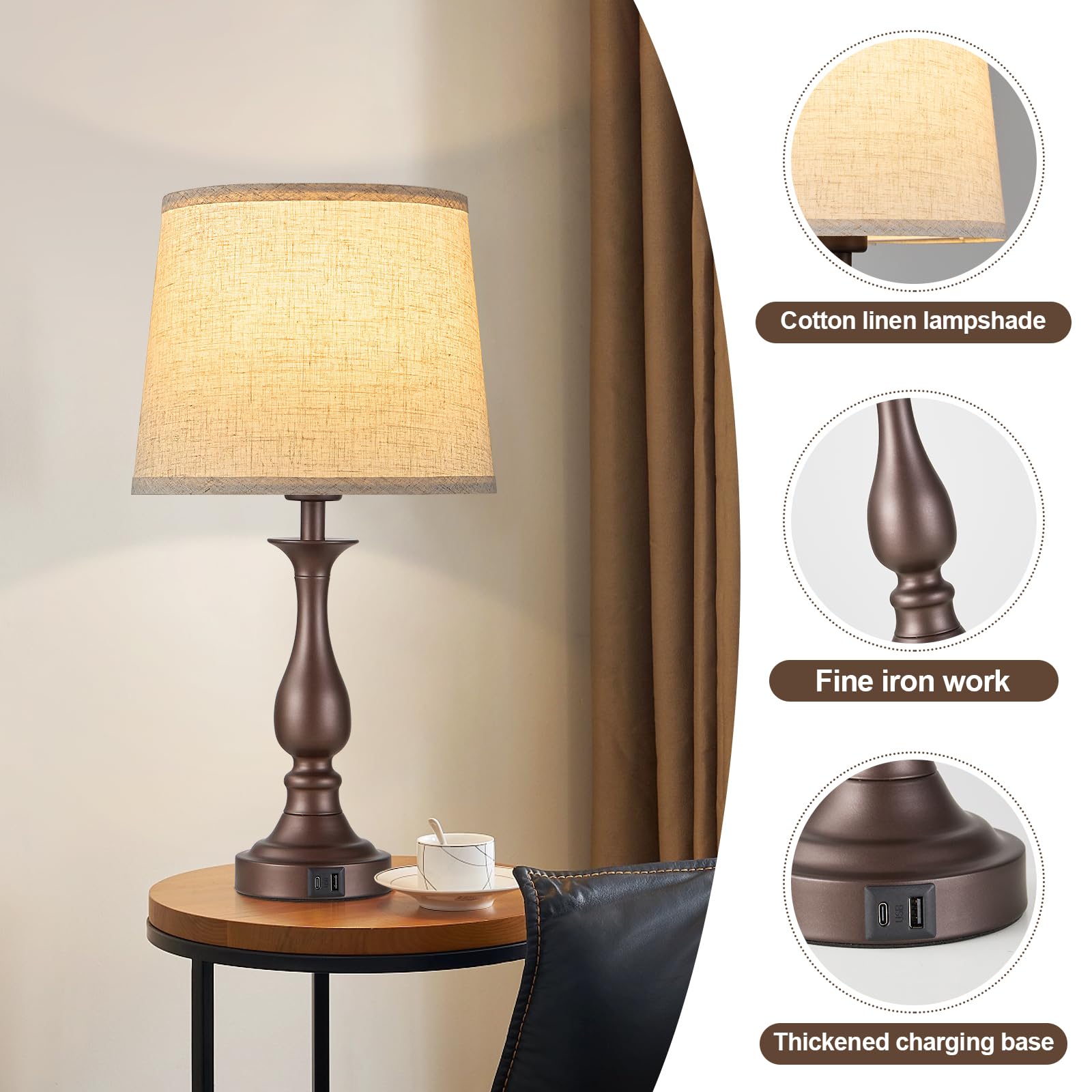 Bedside Table Lamp Touch Control Bedroom Lamps with USB A and C Charging Port 3 Way Dimmable Touch Lamps for Nightstand Living Room Bedroom Dorm Home Office Reading, Set of 2