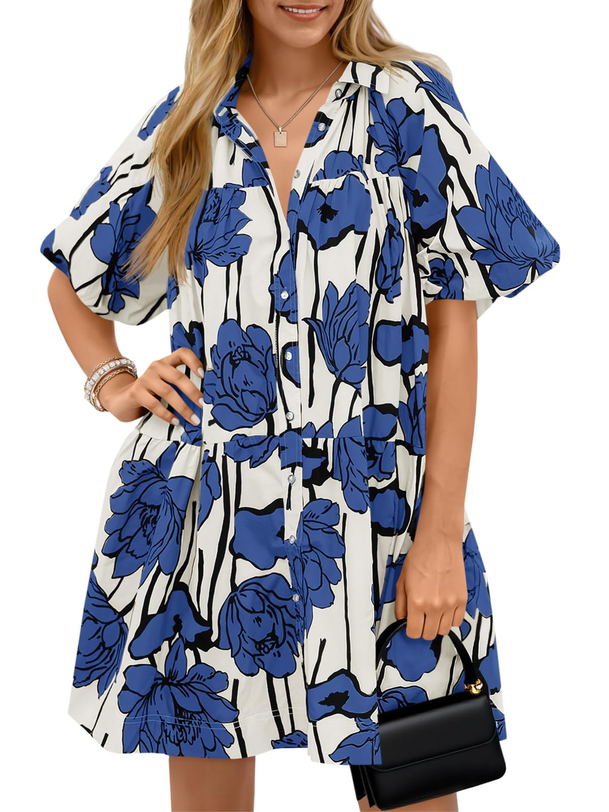 Wenrine Women's Summer Button Down Shirt Dress Floral Puff Short Sleeve Casual Loose Fit Beach Mini Dresses