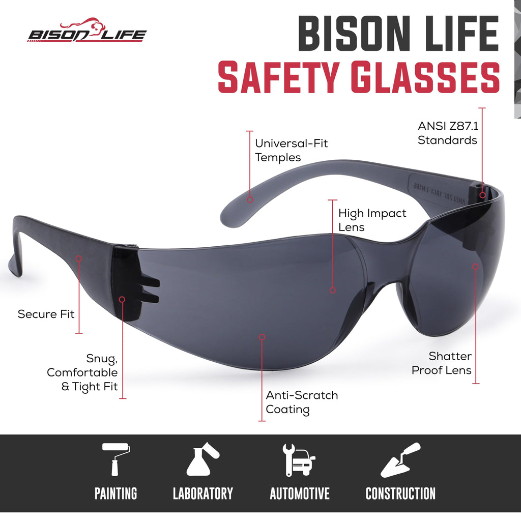 BISON LIFE Clear Safety Glasses – ANSI Z87.1 Certified Scratch & Impact Resistant Eye Protection Goggles for Men & Women