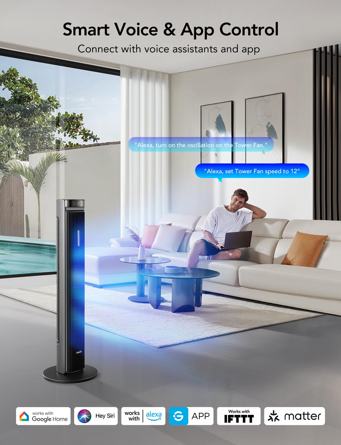 Goveelife 42'' Tower Fan for Bedroom, Smart Floor Fan with 150° Adjustable Oscillating, APP & Voice Control, 5 Modes 12 Speeds up to 26ft/s, 24H Timer, 27dB Quiet Fan for Cooling Home Office Black