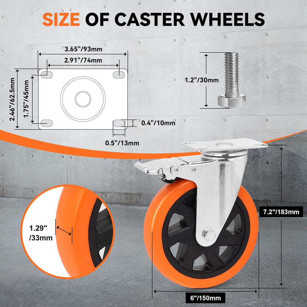 W B D WEIBIDA 2" Plate Caster Wheels Heavy Duty 600 Lbs Load Capacity Swivel Casters with Brake Set of 4, Safety Dual Locking, No Noise Wheels for Furniture, Carts (Screws and Screwdriver)