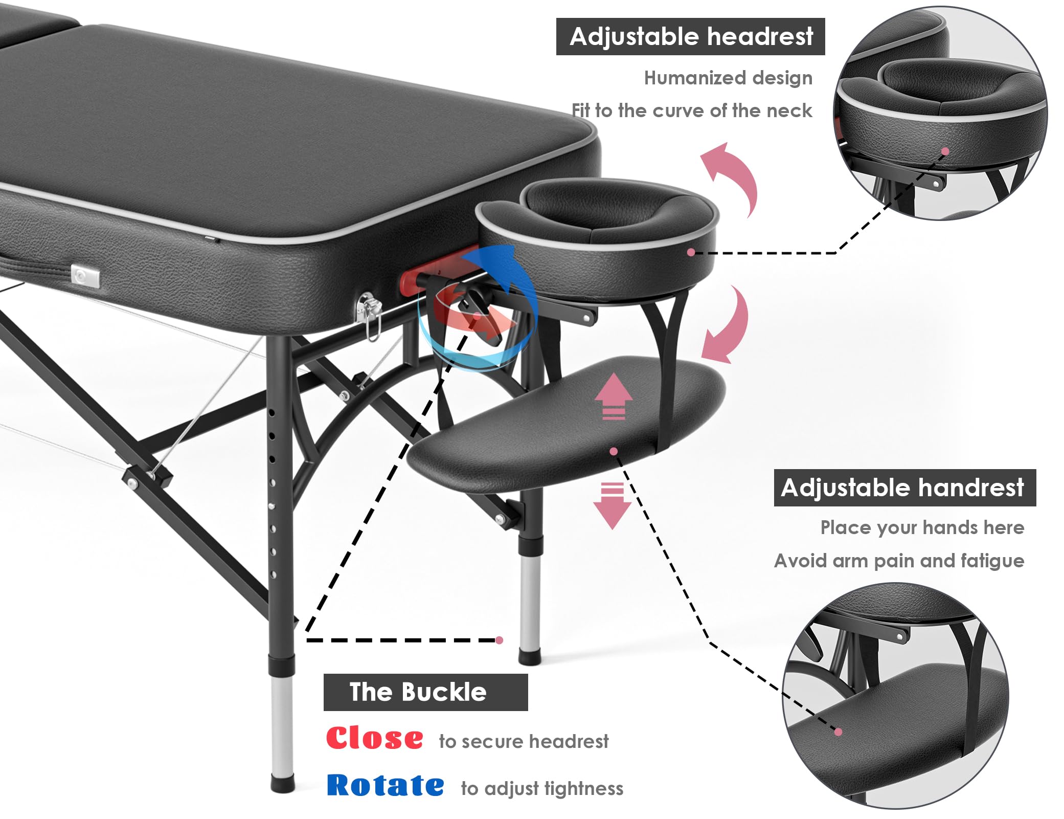 CLORIS 84" Professional Massage Table Portable Reinforced Wooden Leg 2 Folding Lightweight Spa Salon Tattoo Massage Bed Height Adjustable Hold Up to 1100LBS with Carrying Bag Black