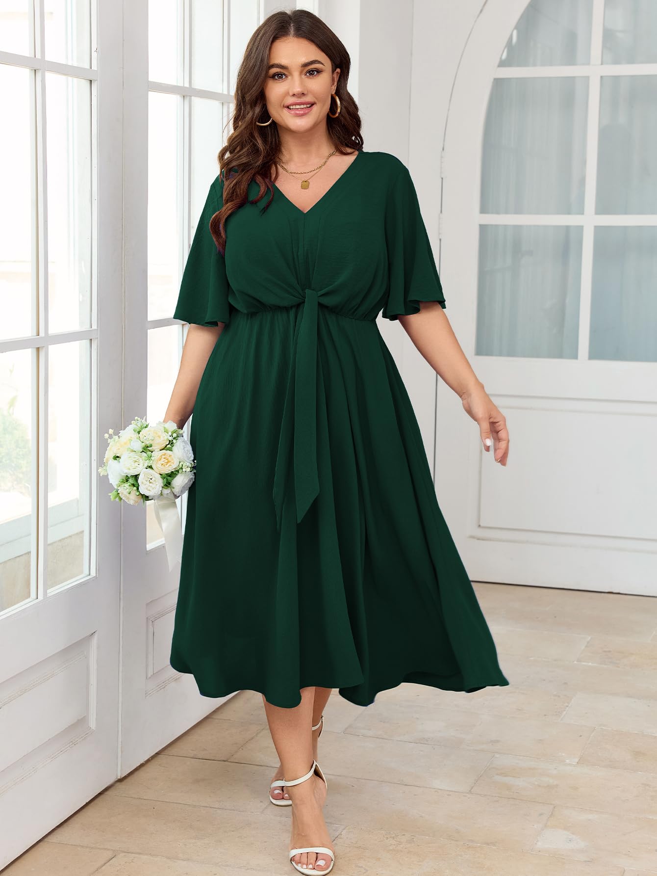 SCOMCHIC Women Plus Size Midi Dresses Wedding Guest Short Sleeve V Neck Tie Waist Casual Summer Flowy A Line Dress