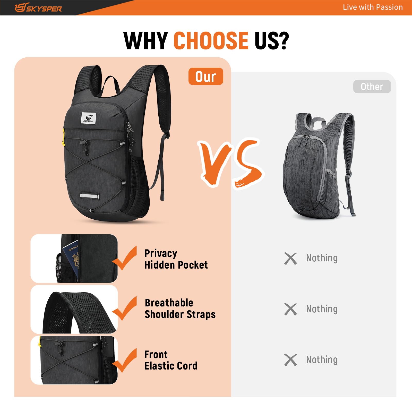 SKYSPER Foldable Hiking Backpack - 10L/15L Small Lightweight Daypack Breathable Travel Backpacks