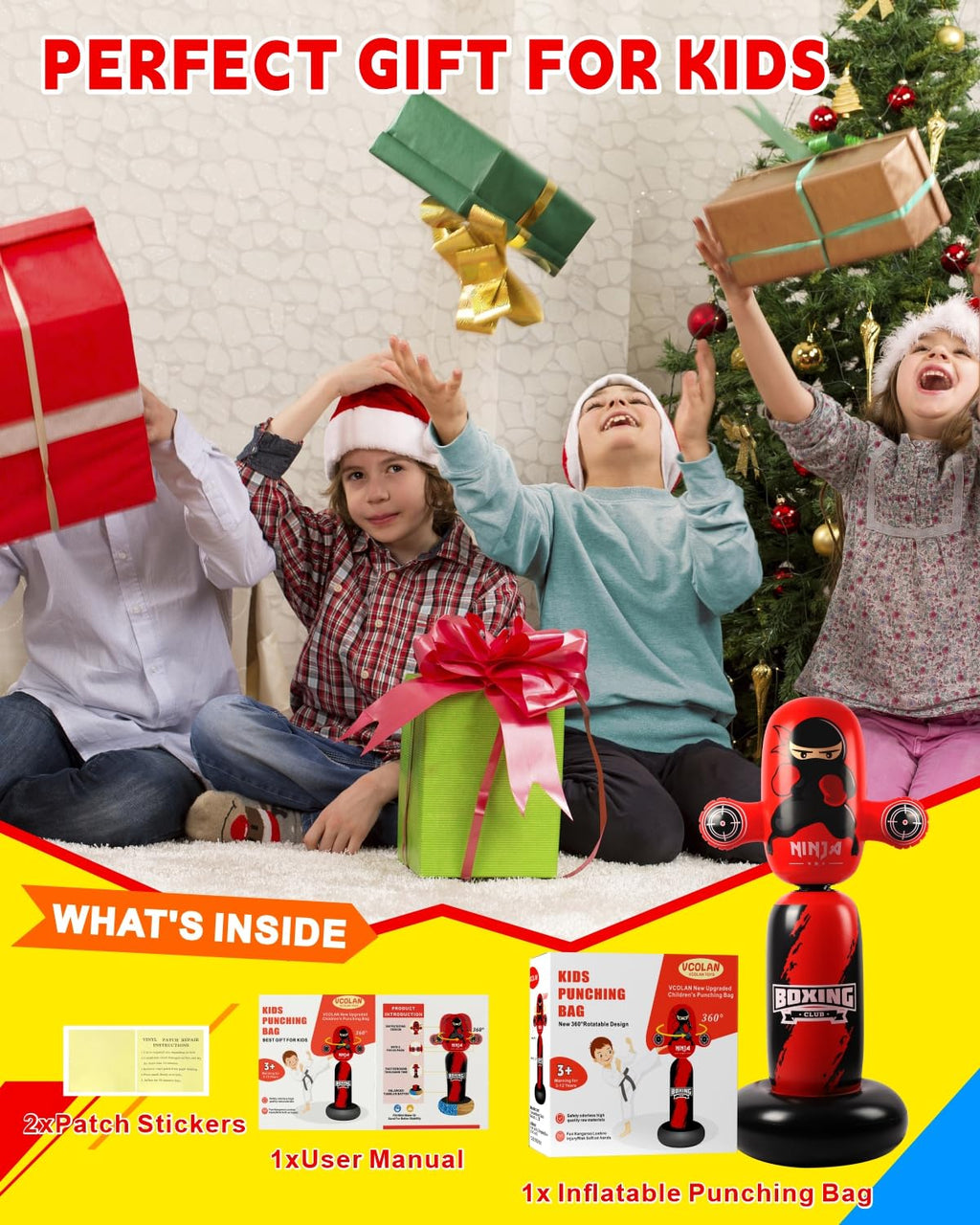 Punching Bag for Kids,New Upgraded 360°Rotating Kids Punching Bag,Inflatable Boxing Bag Toy for Boys Girls, Christmas Birthday Gift for Kids Age 3-12