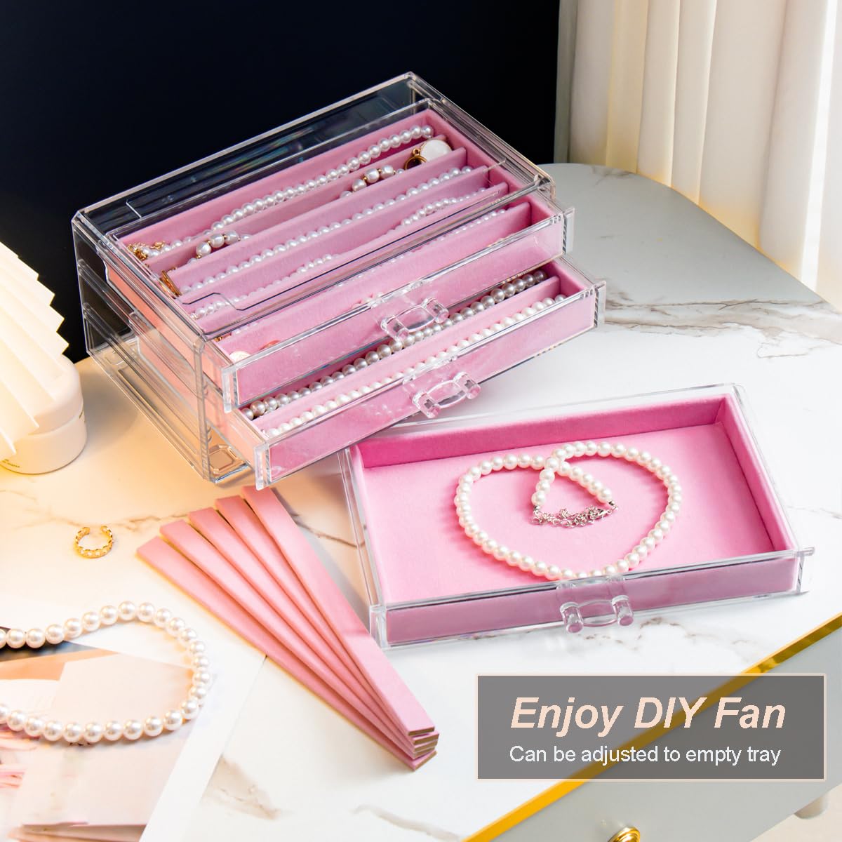 YUFONG Necklace Holder Organizer, Dustproof Necklace Box Velvet Necklace Organizer Box with Lid Clear Acrylic Dustproof Stackable Jewelry Displays for Necklaces Chain Display (Beige, 3 Drawer)