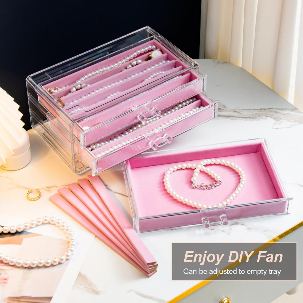 YUFONG Necklace Holder Organizer, Dustproof Necklace Box Velvet Necklace Organizer Box with Lid Clear Acrylic Dustproof Stackable Jewelry Displays for Necklaces Chain Display (Beige, 3 Drawer)