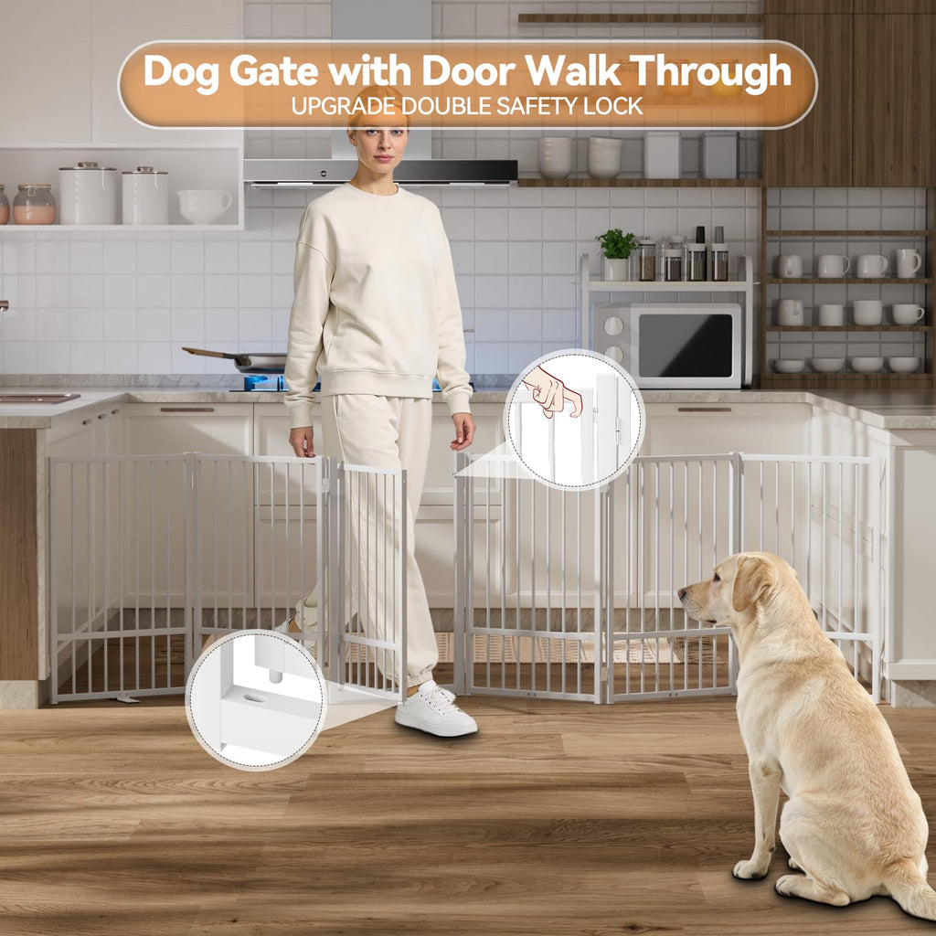 SNUOWU Full Metal Freestanding Dog Gate with Door, 24'' Height Foldable Pet Dog Fence for Indoor & Outdoor, 2 Panels Extra Wide Free Standing SmallDog Gates for Doorways,House,Stairs,Porch,Deck,Yard