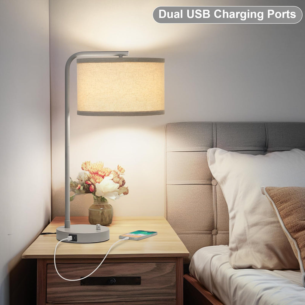 Table Lamps Set of 2, Fully Dimmable Bedside Lamp with USB C+A Charging Ports, Modern Nightstand Lamps with Linen Fabric Shades, Tall Desk Lamp for Bedroom, Living Room, Office, LED Bulb Included