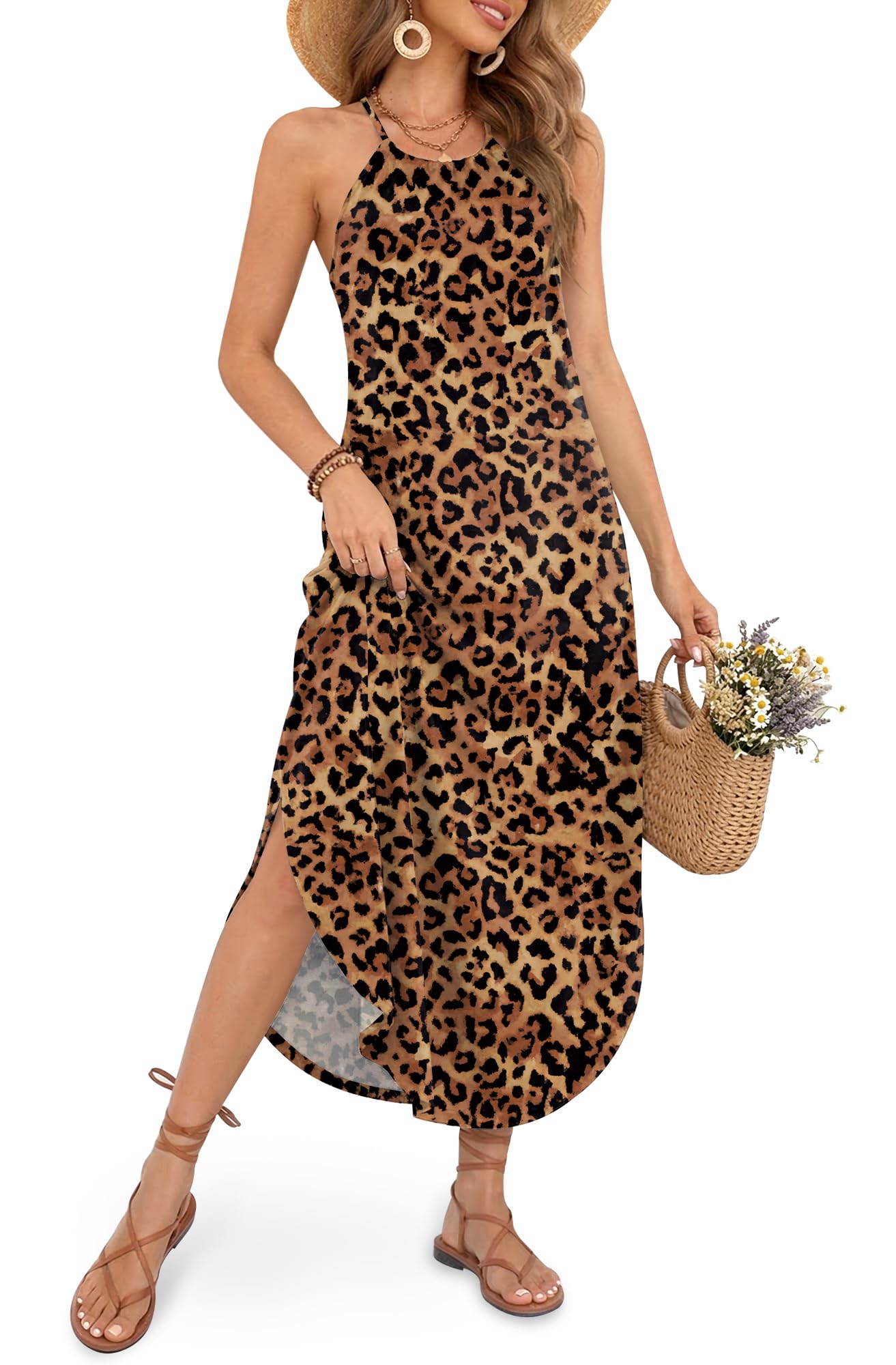 For G and PL Women's Summer Casual Halter Side Slit Maxi Beach Dress Resort Vacation Cruise Wear Sundress