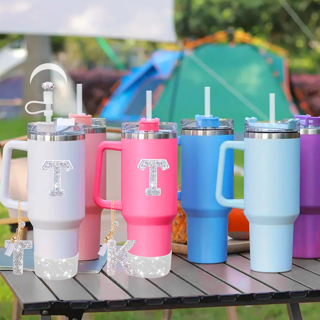 Mity rain Accessories Set for Stanley Cup, Initials Decorations for Tumbler Cup 30/40OZ, Including Diamond Straw Topper/Spill Proof Stopper/Sparkly Silicone Boot Set/Letter Charms for Handle A-Z (A-)