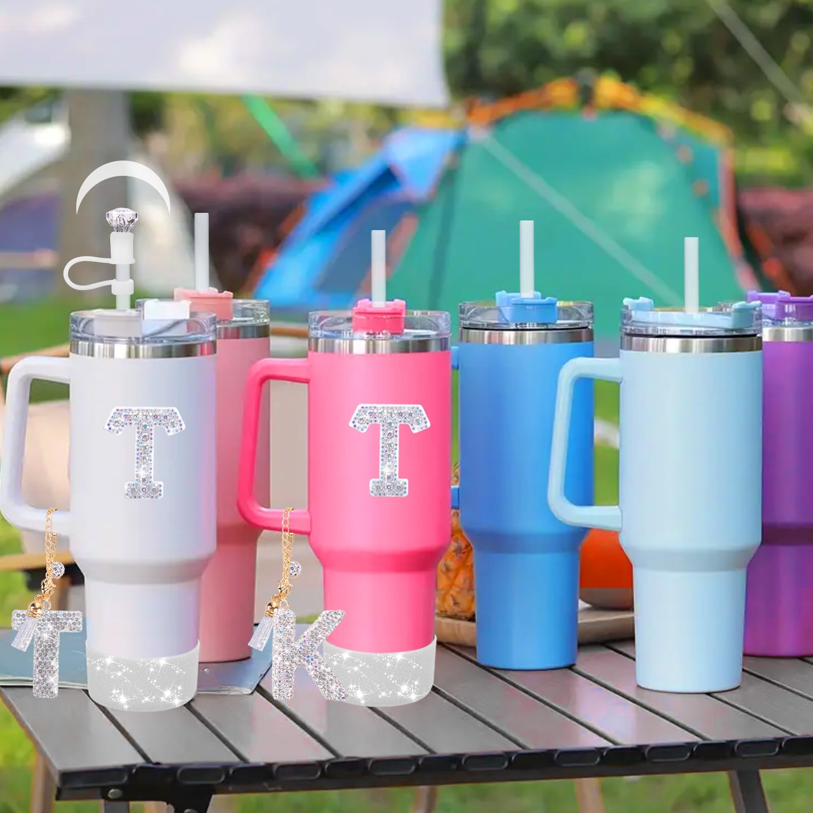 Mity rain Accessories Set for Stanley Cup, Initials Decorations for Tumbler Cup 30/40OZ, Including Diamond Straw Topper/Spill Proof Stopper/Sparkly Silicone Boot Set/Letter Charms for Handle A-Z (A-)