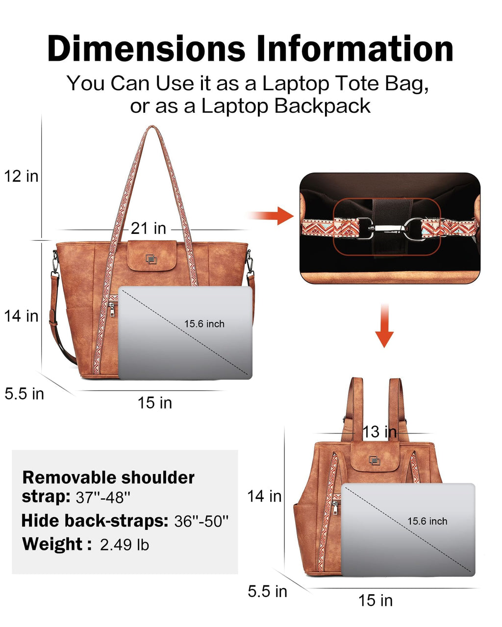 FADEON Large Laptop Tote Bag for Women Designer Leather Laptop Bag Fashion Travel Backpack Purse Shoulder Handbag