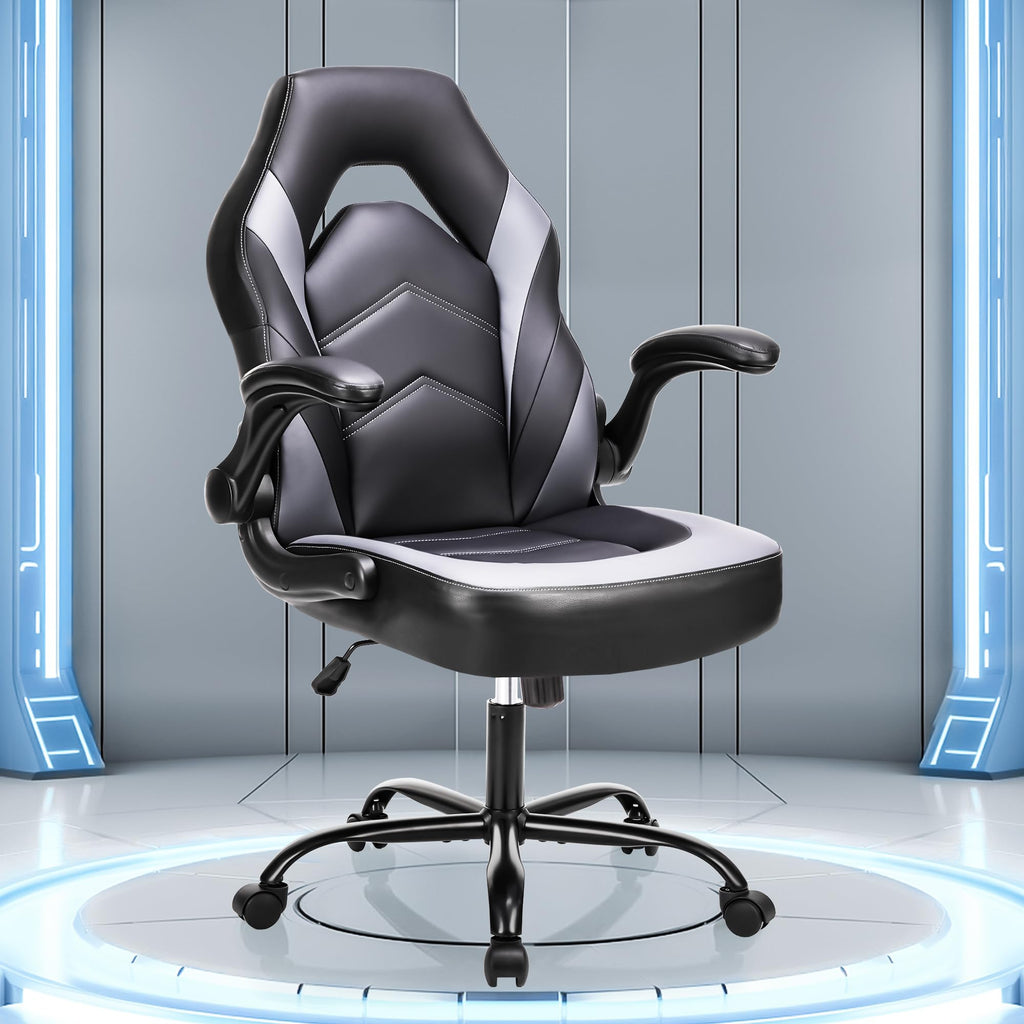 OLIXIS Computer Gaming Desk Chair - Ergonomic Video Game with Comfy Lumbar Support and headrest, PU Leather with Flip-up Arms, Adjustable Height and Swivel Wheels, for Adults, Black
